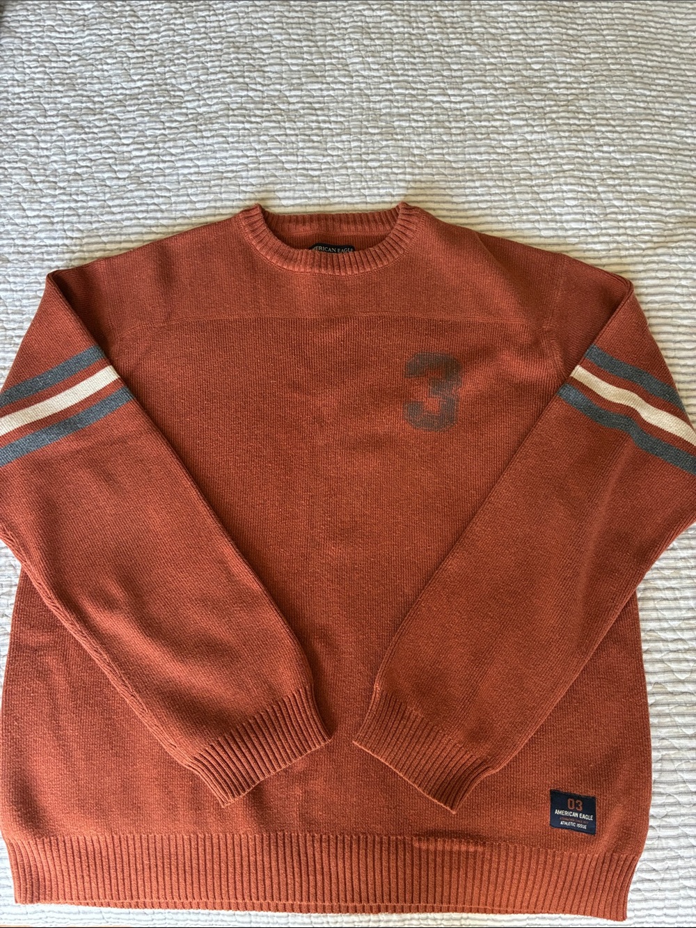 American Eagle Men's XL Rust Crewneck Sweater with Striped Sleeves Y2K, Vintage
